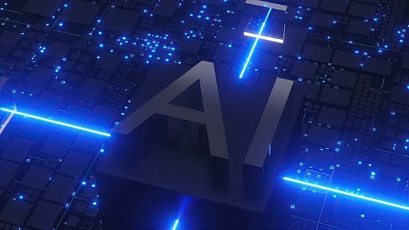 AI prompts, glowing AI text and blue circuitry